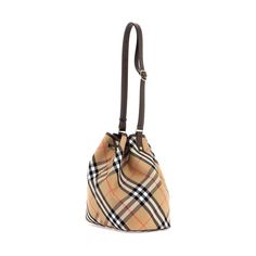 Burberry Check bucket bag in cotton with leather finishes, drawstring closure, unlined interior, and adjustable shoulder strap. Hand-painted edges with gold metal details. Canvas Bucket Bag, Sand Beige, Burberry Women, Painting Edges, Bag Sale, Bucket Bag, Gold Metal, Burberry, Shoulder Strap