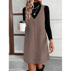 -Item Id 41946717 -Neckline: V Neck -Style: Casual -Type: Pinafore -Waist Line: Natural -Hem Shaped: Straight -Color: Brown -Pattern Type: Houndstooth, Colorblock, Plaid -Sleeve Length: Sleeveless -Length: Short -Fit Type: Loose -Fabric: Non-Stretch -Material: Woven Fabric -Composition: 100% Polyester -Care Instructions: Machine Wash Or Professional Dry Clean -Sheer: No **Open To Offers!!!** **Bundle To Save More** **30% Off Bundles Of 2 Or More Items!!** ***Orders Go Out Within 5-10 Business Da Plaid V-neck Dress For Work, Plaid V-neck Winter Dress, Winter Plaid V-neck Dress, Gingham Dresses For Workwear In Fall, Casual Houndstooth Dress For Fall, Fall Gingham Dresses For Work, Casual Sleeveless Houndstooth Mini Dress, Casual Mini Dress With Houndstooth Pattern For Work, Fall Plaid V-neck Dress