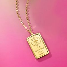 Ross-Simons - Italian 24kt Yellow Gold Fleur-De-Lis Five-Gram Ingot Pendant Necklace, Gold Frame. 20". Timeless Italian luxury - in the form of a necklace, so it can be a part of your style wherever you go. On the pendant, a fleur-de-lis five-gram ingot of 24kt yellow gold is framed in polished 14kt yellow gold, for a shining statement that holds its own solo or layered with other chains. Suspends from a cable chain. Springring clasp, 24kt yellow gold ingot pendant necklace. Luxury Gold Necklace Stamped 14k, Luxury Gold Necklace With Shiny Finish, Gold Ingot, Pendant Necklace Gold, Italian Luxury, 14kt Gold, Necklace Gold, Cable Chain, Gold Frame