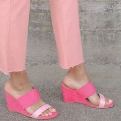 Cl By Laundry - Women's Five Star Ice Pink/Fuchsia Super Suede Sandal - Size 6 M Show Up In Style Cl By Laundry Five Star Ice Pink And Fuchsia Super Suede Wedge Sandals! Super Soft Faux Suede, In A Cheery Fuchsia Hue, Shapes A Wrapped Wedge Heel And A Wide Vamp Strap. Slender Light Pink Toe Strap Spans Across The Open-Toe Upper. Slide-On Design. Man Made Materials. Imported. 3.5" Wrapped Wedge Heel. Cushioned Insole. Rubber Sole Has Nonskid Markings. Box Weight 1lb 8ozs Ice Star, Pink Toes, Red Sandals, Womens Sandals Wedges, Size 11 Heels, Chunky Block Heels, Suede Wedges, Suede Sandals, Ankle Strap Heels