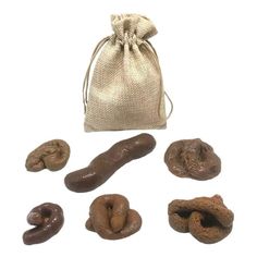 a bag full of chocolate donuts next to some other items in the shape of doughnuts