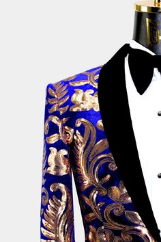 Royal Blue And Gold Tuxedo, Blue And Gold Tuxedo, Gold Tuxedo Jacket, Gold Tuxedo, Gold Wedding Gowns, Gala Themes, Gold Suit, Gold Costume, Velvet Shawl