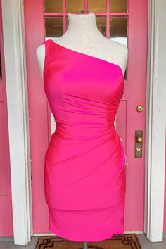 One Shoulder Hot Pink Bodycon Mini Homecoming Dress Bodycon Short Dress, Neon Pink Shorts, Hot Pink Bodycon, Mini Homecoming Dress, Pink Bodycon, Mini Homecoming Dresses, Neon Dresses, Short Bodycon Dress, Short Homecoming Dress