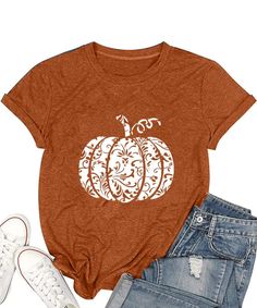 PRICES MAY VARY. 🎃 The funny pumpkin shirt for women Happy Halloween simple letters tee top is made of a soft, breathable, cotton blend, flexible and lightweight, and will let you stay comfy all day. 🎃 Unique Design: Halloween pumpkin T-shirt, Funny cute pumpkin graphic tees, letter print classical round neck short sleeve, novelty Halloween pattern blouses tops, comfy loose athletic costume shirt, party holiday shirts, vintage graphic shirts for women. Halloween and Thanksgiving Day gifts tees Pattern Blouses, Pumpkin Graphic, Pumpkin Spice Shirt, Basic Fashion, Letter Print Tee, Halloween Pattern, Shirts Vintage, Costume Shirts, Sister Wife