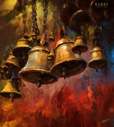 several bells hanging from the ceiling in an artistic painting