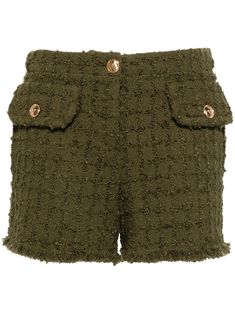 olive green virgin wool blend tweed decorative button flap two side inset pockets embossed gold-tone buttons unlined concealed fly and button fastening Tweed Shorts, Yoko London, City Dress, Dark Olive Green, Summer Beach Wear, Mini Shorts, Ski Wear, Dress Brands, Jacket Tops