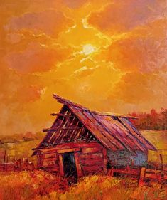 a painting of an old barn with the sun setting in the sky behind it,