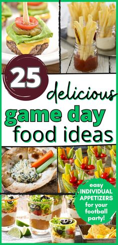 Collage for game day snacks with mini burger sliders, nacho dip cups, veggies and dip cups, french fries in mini jar, spinach dip in pita bowl Sports Party Snacks, Sports Appetizers, Summer Tailgate Food, Pregame Snacks, Appetizers In A Cup, Gaming Snacks, Snacks For A Party, Food Ideas For A Crowd, Individual Snacks