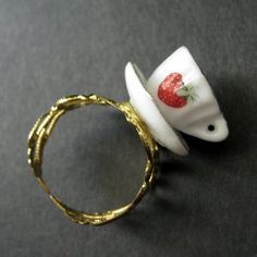 BLACK FRIDAY SALE Strawberry Teacup Ring. Porcelain Tea Cup Ring. Gold Filigree Adjustable Ring. Han Strawberry Teacup, Teacup Ring, Food Accessories, Red Strawberry, Funky Jewelry, Gold Filigree, Silver Buttons, Matching Necklaces, Holiday Sales