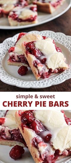 two plates with slices of cherry pie bars on them