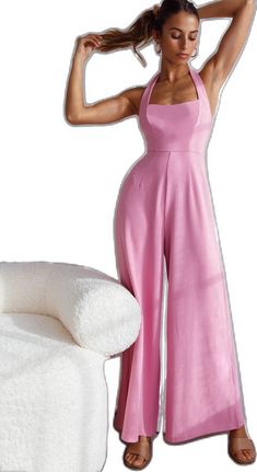 Elegant Pink Stretch Jumpsuits And Rompers, Fitted Wide Leg Jumpsuit Or Romper In Solid Color, Pink Stretch Jumpsuits And Rompers For Evening, Chic Fitted Pink Jumpsuits And Rompers, Full Length Party Jumpsuit, Party Full-length Solid Jumpsuit/romper, Full-length Jumpsuit For Party, Full Length Solid Jumpsuit For Party, Sleeveless Pink Party Jumpsuits And Rompers