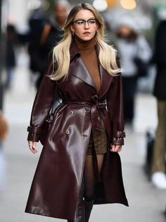 NYC Sydney Sweeney Maroon Leather Trench Coat Maroon Leather Trench Coat Outfit, Fall Double-breasted Leather Outerwear, Trendy Belted Leather Outerwear, Double-breasted Leather Jacket For Fall, Fall Double-breasted Leather Jacket, Fall Leather Belted Outerwear, Brown Double-breasted Leather Outerwear, Winter Faux Leather Belted Jacket, Trendy Long Leather Coat