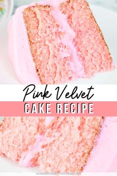 two slices of pink velvet cake on a white plate with the words, pink velvet cake recipe