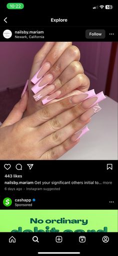 Letter Nail Designs Initials White, Pink Nails With D Initial, Acrylic Nails M Initial, Letter N Nail Design, Light Blue Nails With Initial On It, Red Nails With M Initial, French Nails With An Initial, Pink Nail Designs With Initials, Nail With M Initial