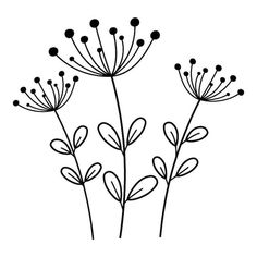 three black and white flowers on a white background, one is drawn in the style of line art