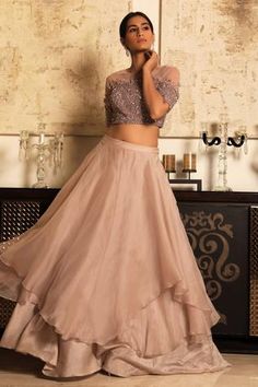 Shop for Couture by Niharika Pink Organza Skirt With Embroidered Blouse for Women Online at Aza Fashions Organza Skirt And Crop Top, Skirt And Crop Top Indian, Blouse With Skirt, Skirt With Embroidery, Peach Fabric, Long Gown Design, Layer Skirt, Lehnga Dress, Lehenga Blouse Designs