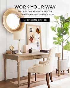 a desk with a mirror and chair in front of it that says work your way find your flow with versa office furniture that works as hard as you do