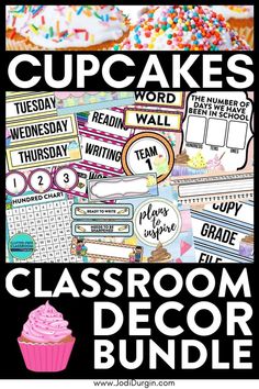 classroom decor bundle with cupcakes and words