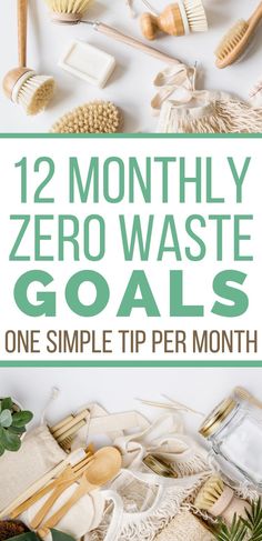 the text reads, 12 month zero waste goals one simple tip per month with lots of items