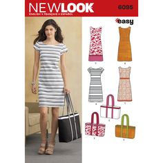 a women's dress, purse and tote bag sewing pattern from new look