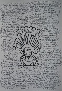 a drawing with words written on it and an image of a person sitting in the middle