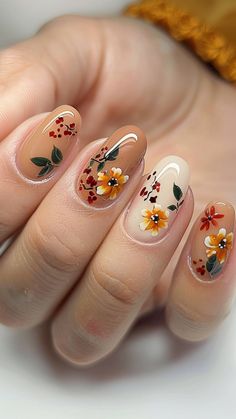 20 Fall Nail Trends You Need to Try for a Perfect Autumn Look Fall Wedding Manicure, Autumn Bridal Nails, Bare Nails With Design, Fall Press On Nail Designs, Wedding Nails For Bride Fall, Fall Bride Nails, Fall Floral Nail Designs, Autumn Floral Nails, Fall Vibes Nails