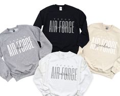 Proud air force family Custom sweatshirt/Personalized crewneck! This will be perfect for air force graduation family matching sweatshirt. Please choose color, size, and enter custom text (mom, dad, etc..) in personalization and add to cart. Please repeat as you need. Ideal for any situation, a unisex heavy blend crewneck sweatshirt is pure comfort. These garments are made from polyester and cotton. This combination helps designs come out looking fresh and beautiful. The collar is ribbed knit, so Air Force Shirts For Family, Air Force Sister, Air Force Mom Shirt, Air Force Graduation, Air Force Families, Air Force Shirt, Army Family, Air Force Mom, Matching Sweatshirts