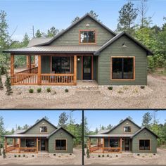 two pictures of a small house in the woods