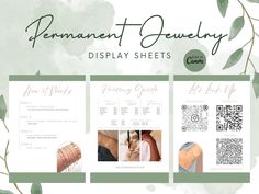 the permanent jewelry display sheets are shown in three different colors and designs, including green leaves