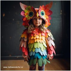 Rainbow Owl Costume. Kids Halloween costumes. DIY Owl costume Infant Owl Costume, Halloween Costume Diy Ideas, Paper Costumes Diy, Diy Safari Animal Costume, No Sew Owl Costume, Beaver Costume Diy, Toddler Owl Costume Diy, Homemade Owl Costume, Diy Owl Costume Kids