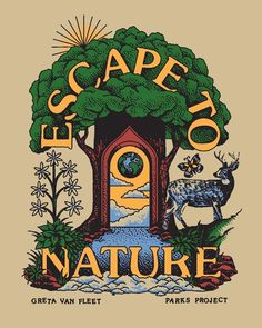 the logo for escape to nature, with deer and trees in front of an open door