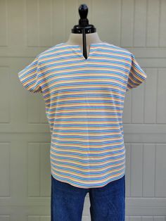 Multicolor Horizontal Stripe Summer Tops, Multicolor Horizontal Stripe Tops For Spring, Blue Crew Neck Top With Vertical Stripes, Multicolor Striped Top For Summer, Multicolor Tops With Contrast Stripes For Spring, Multicolor Vertical Striped Tops For Spring, Spring Multicolor Vertical Striped Tops, Multicolor Short Sleeve Tops With Striped Collar, Casual Multicolor Tops With Striped Collar