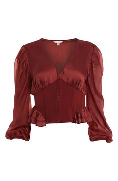 Graceful, crinkled fabric comprises the top of this lovely Empire-waist blouse fashioned with a hook-and-eye front closure and billowy sleeves. V-neck Long sleeves 100% polyester Hand wash, dry flat Imported Empire Waist Blouse, Body Type Clothes, Long Sleeve Corset, Theatrical Romantic, Crinkled Fabric, Billowy Sleeves, Corset Blouse, Soft Autumn, Blouse Nordstrom