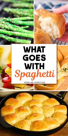 5 images of side dishes perfect to serve with spaghetti - veggies, bread with Pinterest overlay. Best Spaghetti Side Dishes, Side Salad For Spaghetti Dinner, Speggetti Dinner Ideas, Things That Go With Spaghetti