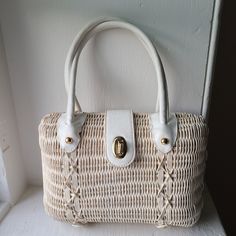 Classic Natural Bags With Braided Handles, Classic Natural Bag With Braided Handles, Classic Straw Bag With Leather Handles For Travel, Summer Rectangular Box Bag With Adjustable Strap, Classic Straw Tote Bag For Everyday Use, Classic Straw Bag With Braided Handles For Travel, Chic Rectangular Straw Bag With Detachable Strap, White Straw Bag With Top Handle, Classic Natural Straw Bag For Everyday Use