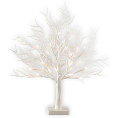 an artificial tree with white lights in a potted planter on a white background