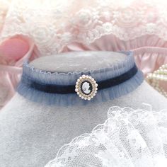 Rococo Cameo Lady Head Pendant Navy Blue Velvet Lace Choker Necklace Light Blue Velvet , Retro Victorian style Jewelry ♡Width 2.5cm  ♡ Length 30cm / 35cm  +  5 cm tail Victorian Choker Necklace, Victorian Style Jewelry, Lace Choker Necklace, Goth Accessories, Navy Blue Velvet, Lace Choker, Velvet Lace, Blue Jewelry, Accessories Jewelry Necklace