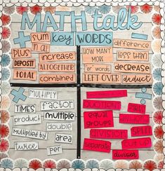 a bulletin board with words and pictures on it that read math talk, sum key words