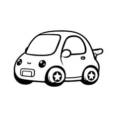 a small car with stars on the front and back wheels, drawn in black ink