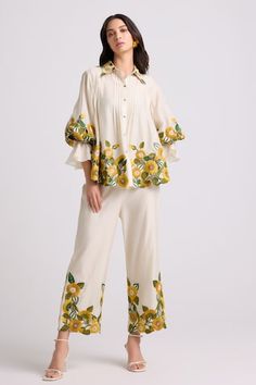 Ivory chanderi pant with placement sunflower embroidery. - Aza Fashions Designer Cord Set For Women, Sunflower Pants, Embroidery Sunflower, Plus Size Wide Leg Pants, Sunflower Shirt, Coord Set, International Style, Summer 24, Border Print