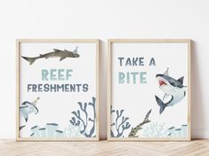 two framed posters on the wall with shark and fish in them, one says reef