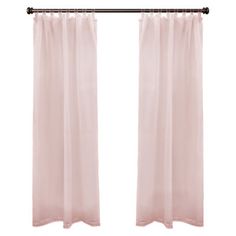 two pink curtains hanging on a metal rod