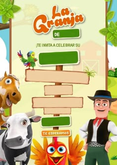 an image of a game with animals and people in the background, including a sign that says la granja de