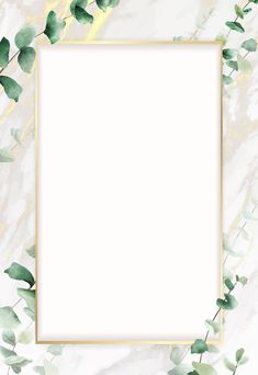 a white square frame with green leaves around it on a marble wallpaper pattern background