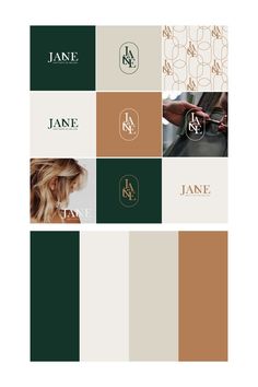 the logo design for jane is shown in green, brown and white colors with gold accents