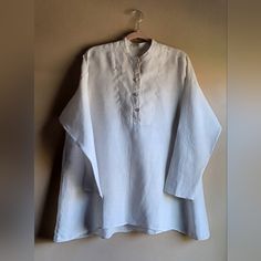 Made In France 100% Linen Size 1 Armpit To Armpit 24" Length 31" Size 1 Manuelle Guibal=S Casual Long Sleeve Relaxed Fit Kurta, Casual Long Sleeve Kurta With Relaxed Fit, Bohemian Long Sleeve Linen Shirt, White Casual Relaxed Fit Kurta, White Casual Kurta With Relaxed Fit, Casual White Kurta With Relaxed Fit, Casual Long Sleeve Kurta For Summer, Relaxed Fit Long Sleeve Tunic With Buttons, Long Sleeve Summer Kurta With Buttons