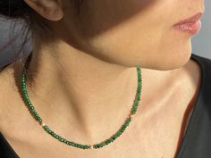 "Green Jade Beaded Necklace with Pearl, Green Jade Choker, Jade Choker Necklace DETAILS - Faceted Green Jade Beads 3 x 2 mm - 14K Gold Filled Spring Ring Clasp 5mm - 14K Gold Filled 2 inches Extender Chain - Natural Freshwater Pearl Select your preferred necklace length from the drop down menu. Model is wearing length 16\" Please note: Because we use natural stones, the stones may vary slightly in shape, shade and size. They may also contain natural inclusions. If you have any questions, please Small Beaded Necklace Choker, Green And Gold Beaded Necklace, Pearl And Jade Necklace, Jade Beaded Necklace, Jade Pearl Necklace, Jade Jewelry Necklace, Jade Choker, Green Beads Necklace, Green Pearl Necklace