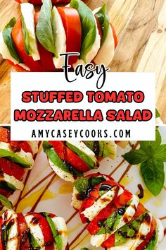 stuffed tomato mozzarella salad on a plate with text overlay that says easy