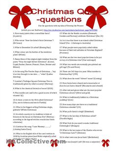 christmas quiz questions with red bows on the top and bottom corner, in white paper