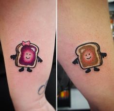 two tattoos with toasters on their arms, one has a smiling face and the other has a pink heart